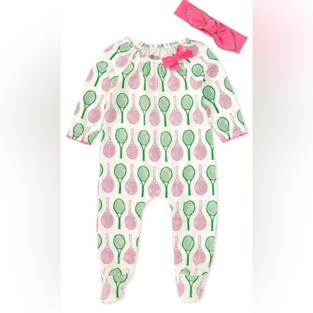 NWT Mud Pie tennis themed cotton spandex one piece with matching headband 6-9 M.